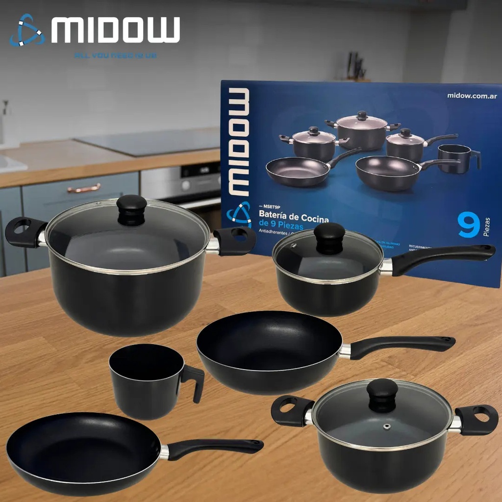 Bateria De Cocina 9 Piezas Midow Set Ollas Sarten Wok Teflon Negro