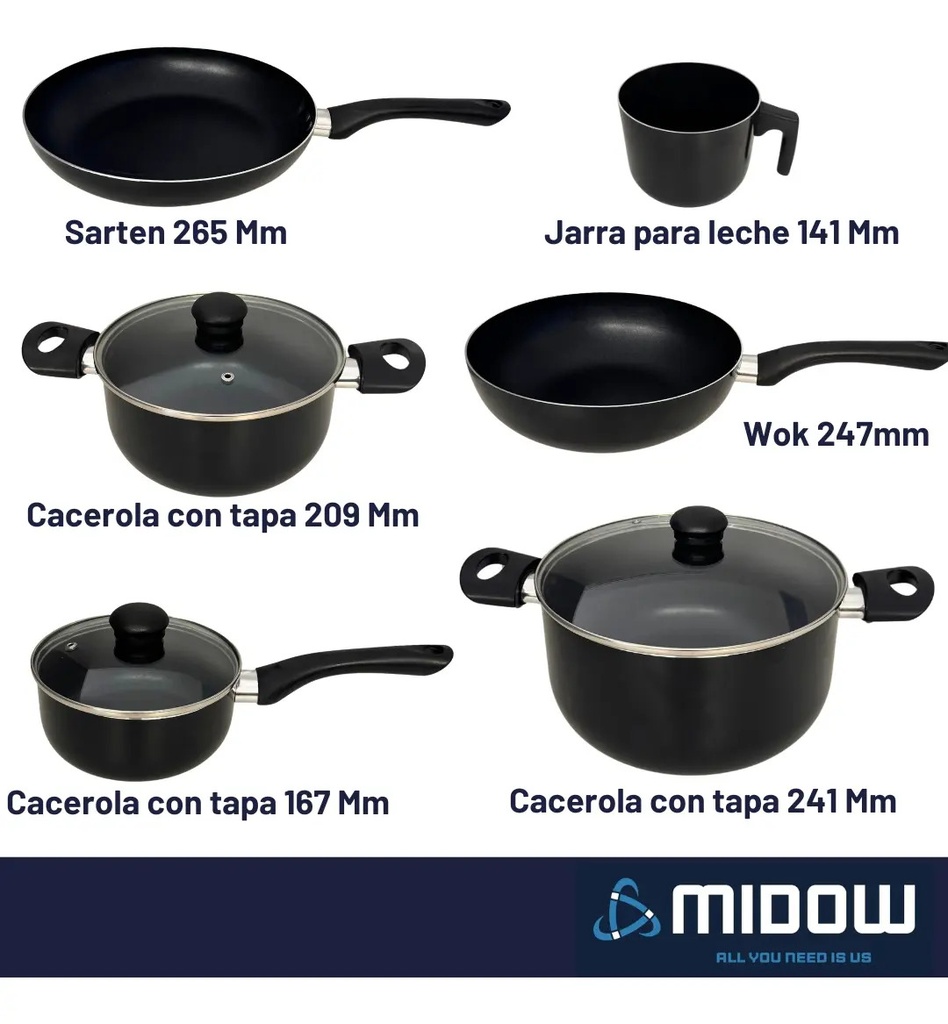 Bateria De Cocina 9 Piezas Midow Set Ollas Sarten Wok Teflon Negro
