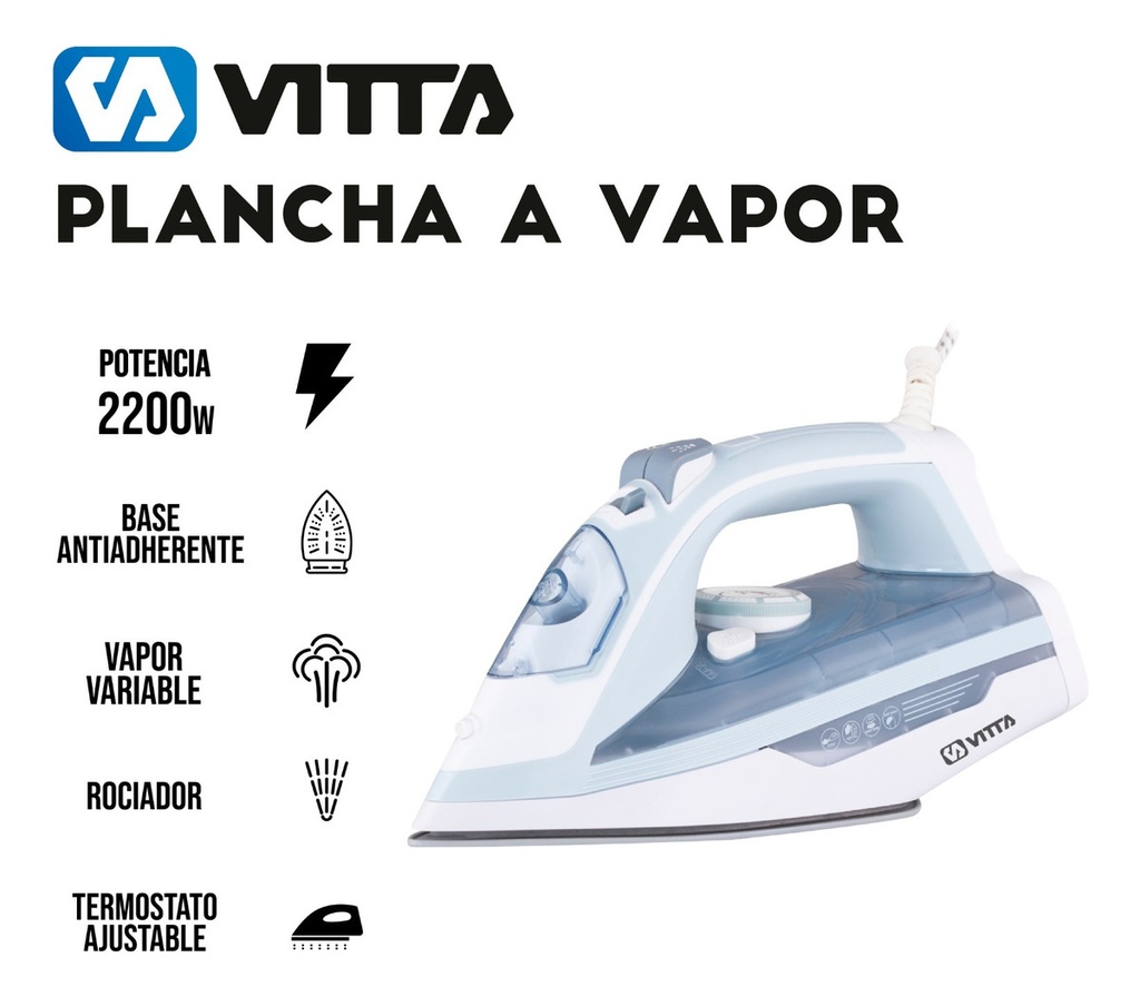 Plancha A Vapor Vitta Base Antiadherente 2200w Con Rociador Celeste