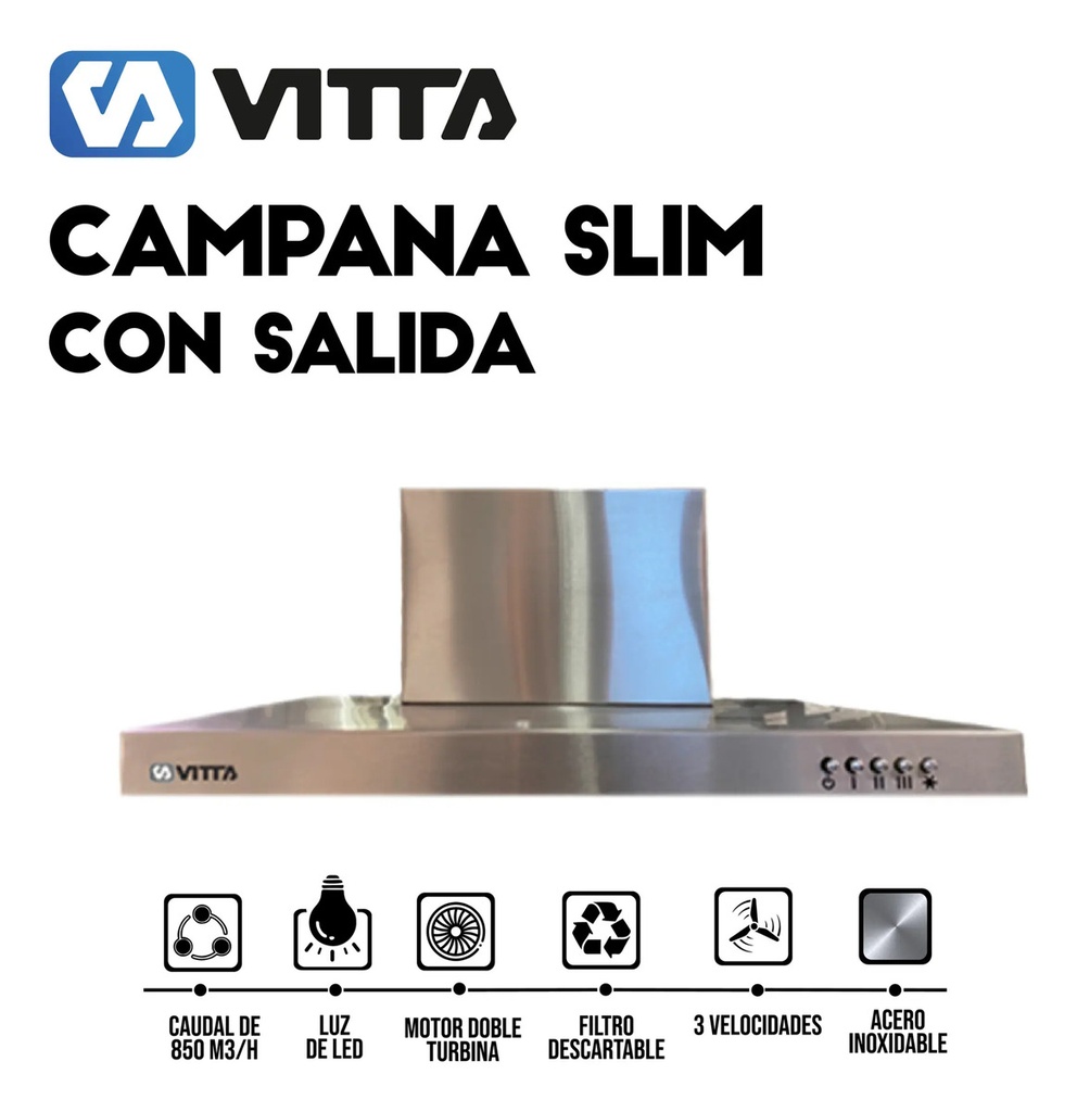 Campana Vitta Slim 3vel 90cm C/salida Acero Inoxidable Plateado