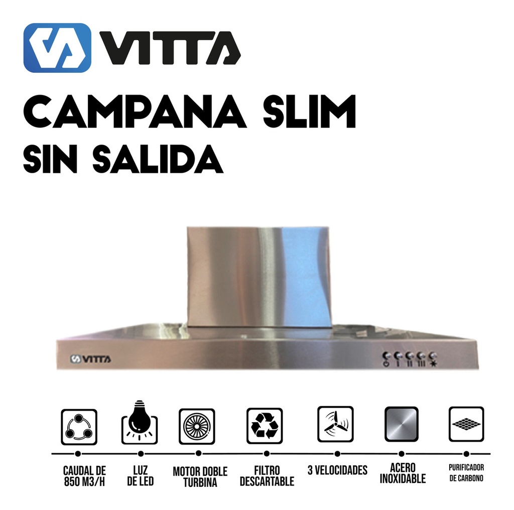 Campana Vitta Slim 3vel 90cm Sin Salida - Acero Inoxidable Plateado