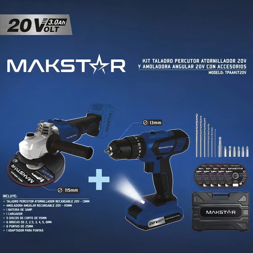 Kit Makstar Taladro Percutor Atornillador 20v + Amoladora 20v Inalámbrico Azul Y Negro