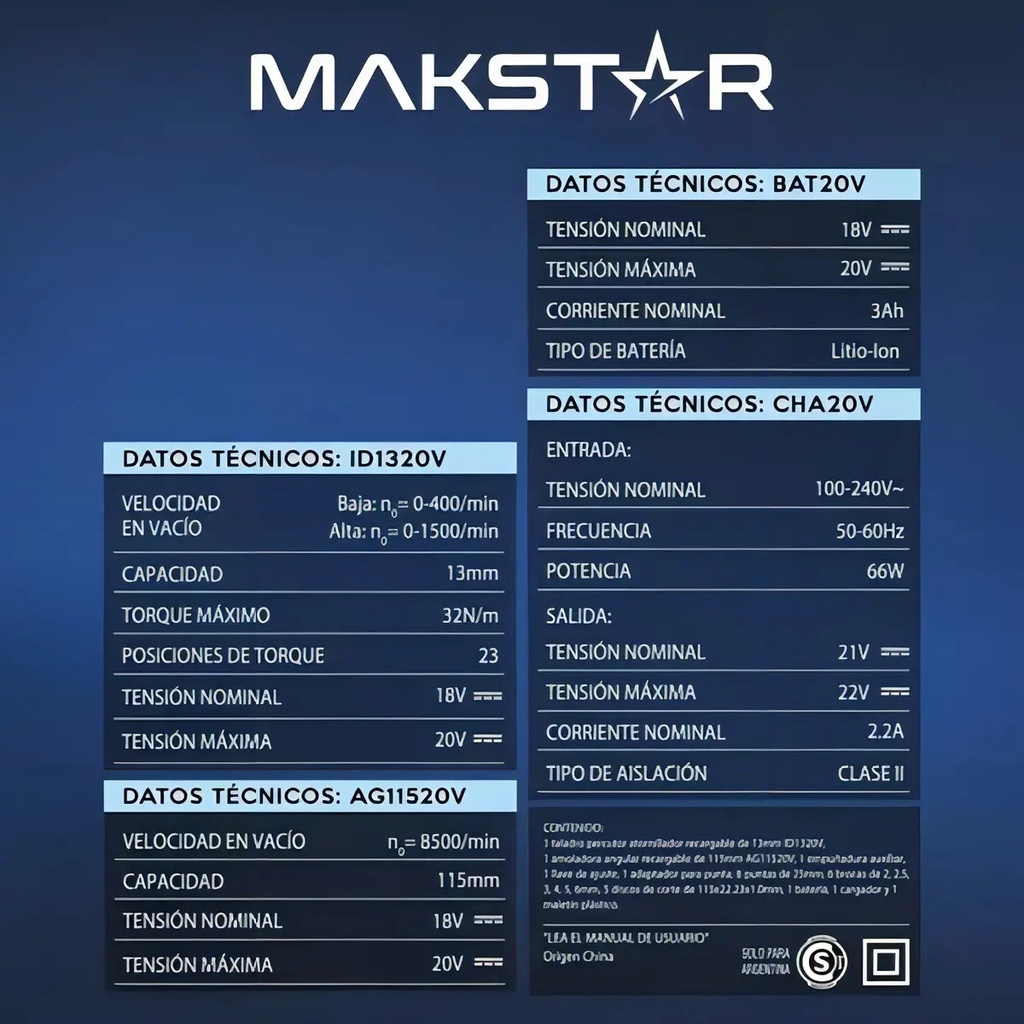 Kit Makstar Taladro Percutor Atornillador 20v + Amoladora 20v Inalámbrico Azul Y Negro