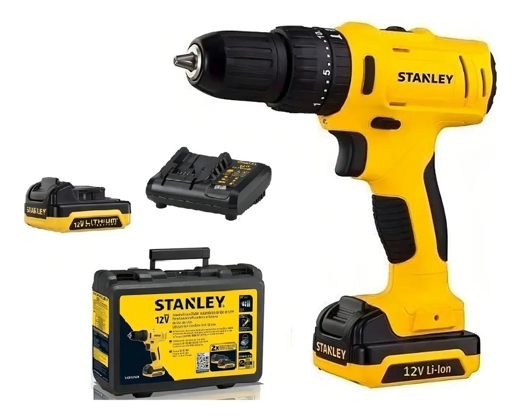 Taladro Percutor Atornillador Inalámbrico De 10mm Stanley Sch12s2k + Accesorio Con Maletín De Transporte Amarillo