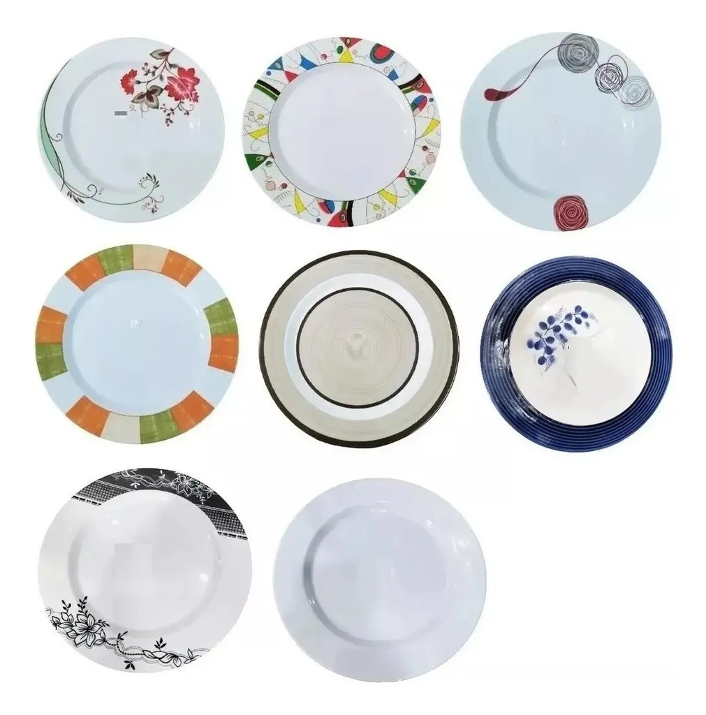Plato Playo De Melamina X6 Unidades Diseños 25cm Color Gris Con Rojo Lisa Liso