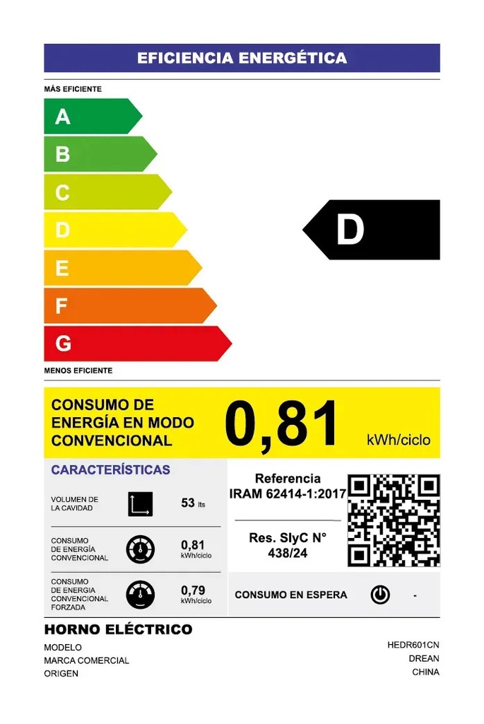 Horno Eléctrico Empotrable 60 Cm Negro Drean Hedr601cn Negro