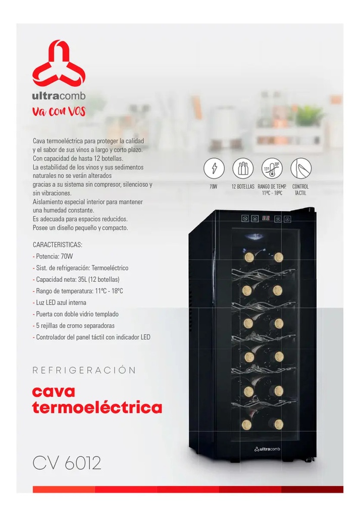 Cava De Vinos Termoeléctrica 12 Botellas Ultracomb Cv-6012 Panel Táctil
