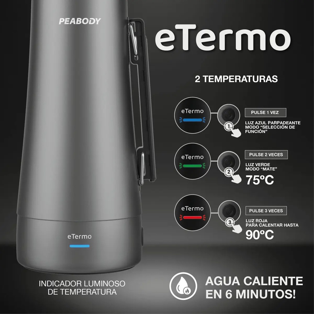 Termo Electrico Peabody Et1001d E-termo 1 Litro Mate Bombilla P1 Gris Oscuro