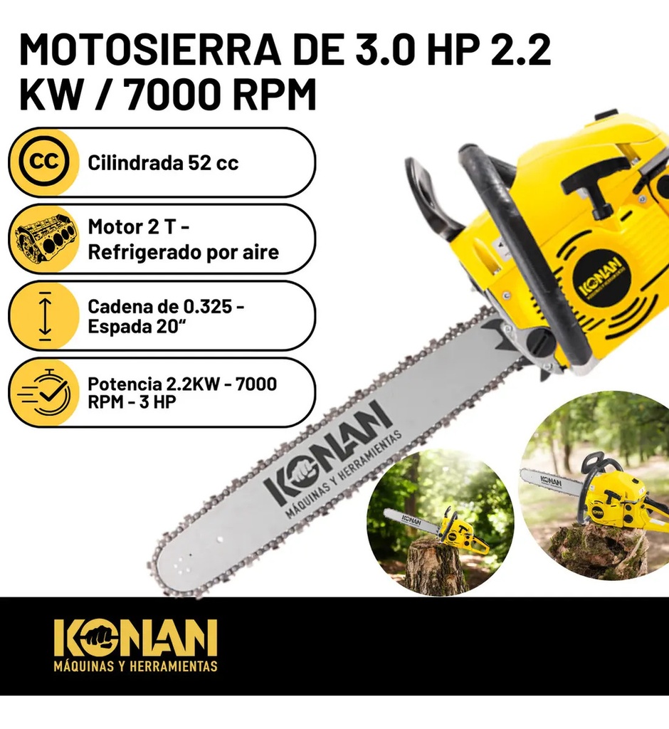 Motosierra 20  Potencia 3.0 Hp 2.2 Kw 7000 Rpm Konan Profesional