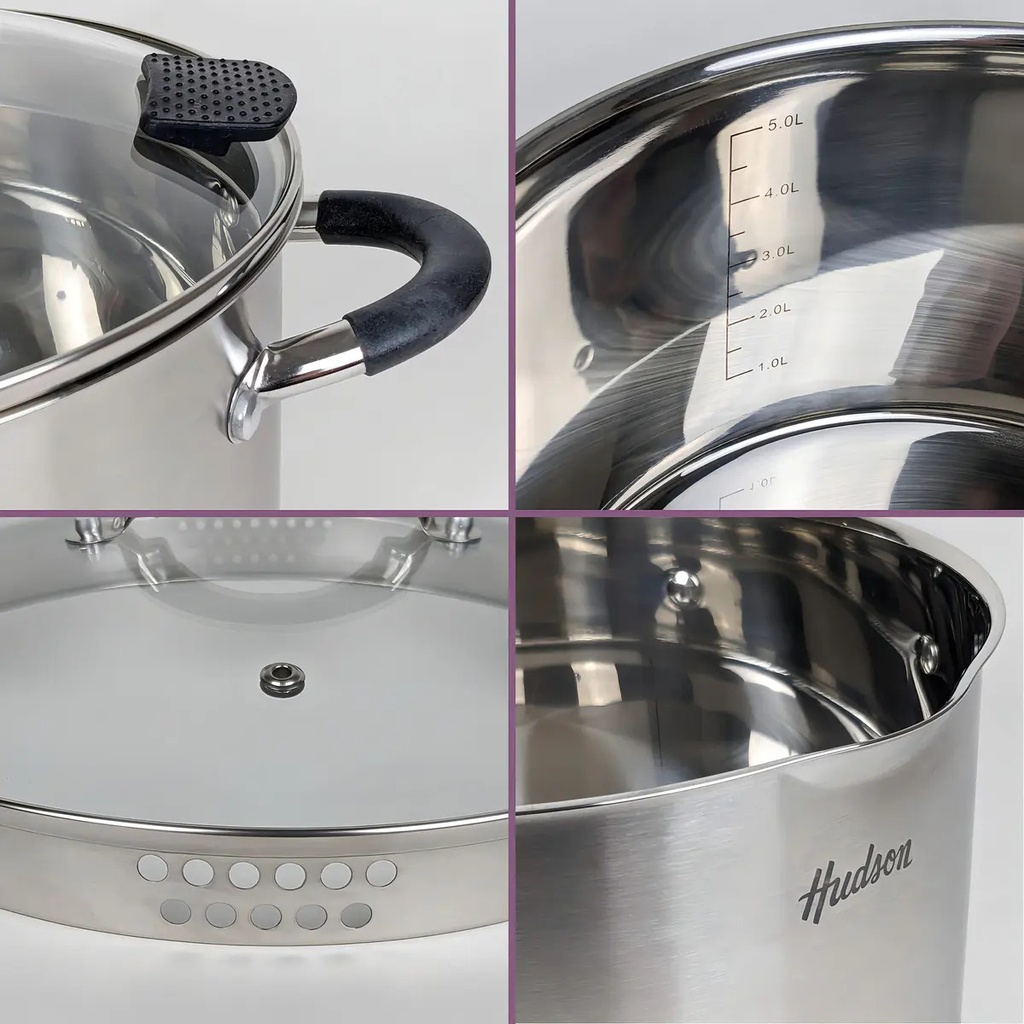 Juego 3 Ollas Acero Inoxidable Triple Fondo - Hudson 6 Pzas Color Plateado