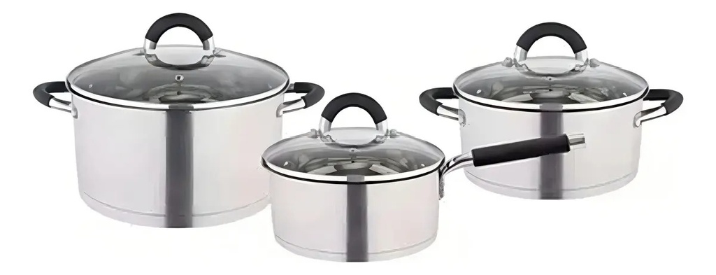 Juego 3 Ollas Acero Inoxidable Triple Fondo - Hudson 6 Pzas Color Plateado
