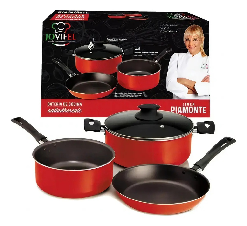 Set De Cocina Ollas + Sartén Antiadherente 4 Ps Piamonte Rojo