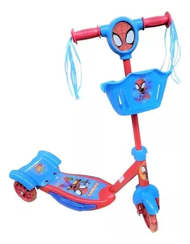 Monopatin Hombre Araña 3 Ruedas Con Luces Musica Y Canasto C Spiderman