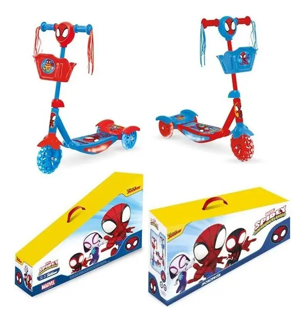 Monopatin Hombre Araña 3 Ruedas Con Luces Musica Y Canasto C Spiderman