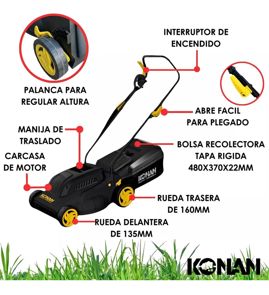 Cortadora Césped Konan 1600w 1hp Con Bolsa Recolectora 38 Cm Negro