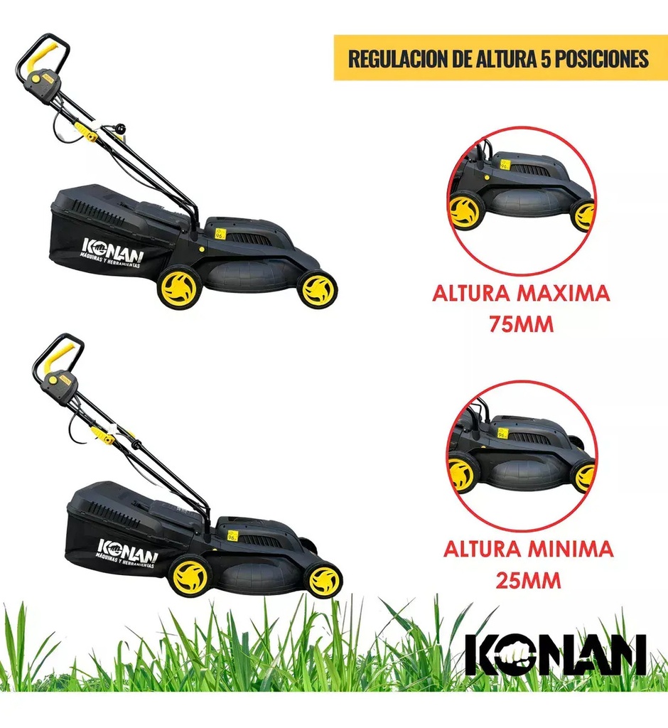 Cortadora Césped Konan 1600w 1hp Con Bolsa Recolectora 38 Cm Negro