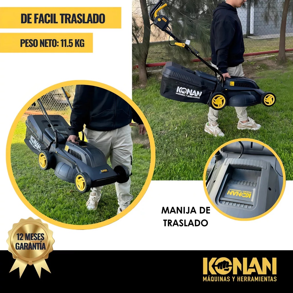 Cortadora Césped Konan 1600w 1hp Con Bolsa Recolectora 38 Cm Negro