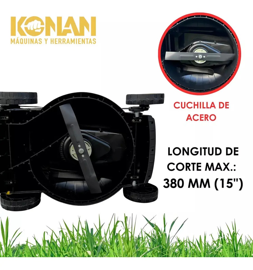 Cortadora Césped Konan 1600w 1hp Con Bolsa Recolectora 38 Cm Negro