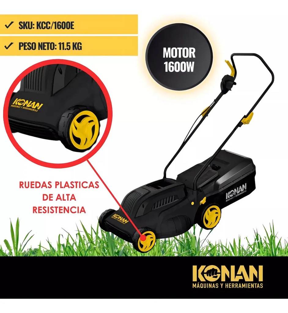 Cortadora Césped Konan 1600w 1hp Con Bolsa Recolectora 38 Cm Negro