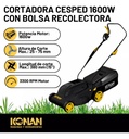 Cortadora Césped Konan 1600w 1hp Con Bolsa Recolectora 38 Cm Negro