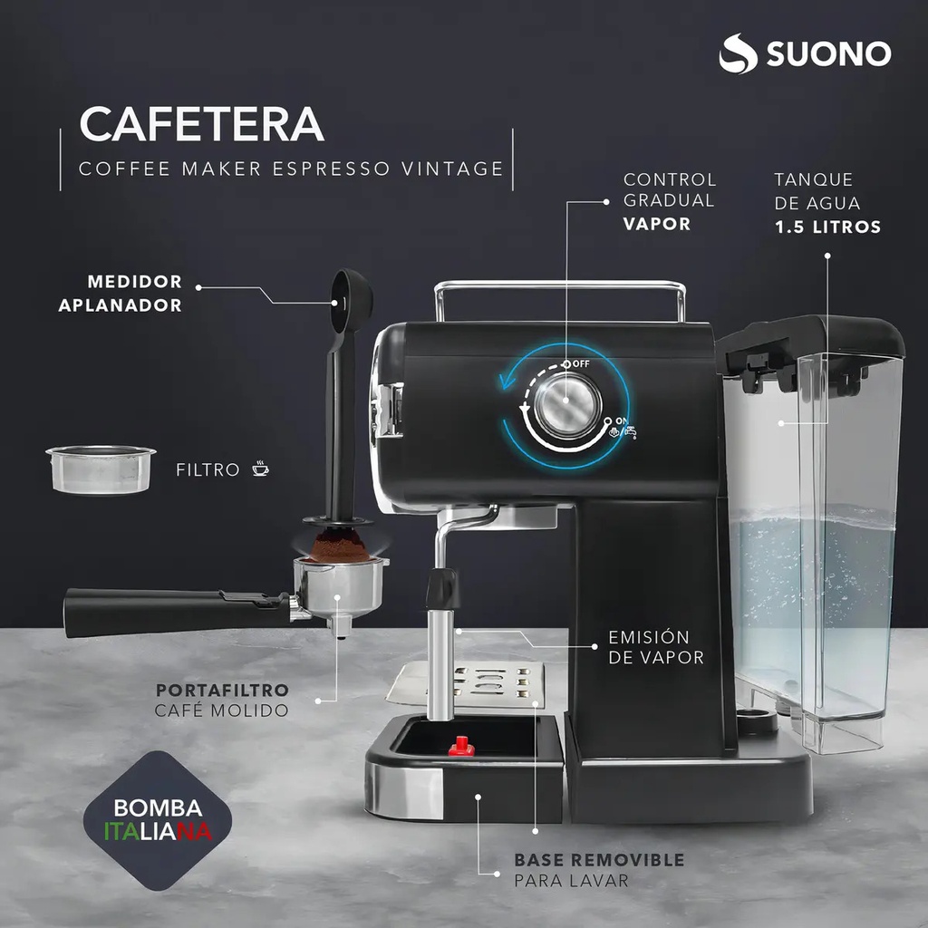 Cafetera Espresso Vintage Suono Negro Espumador