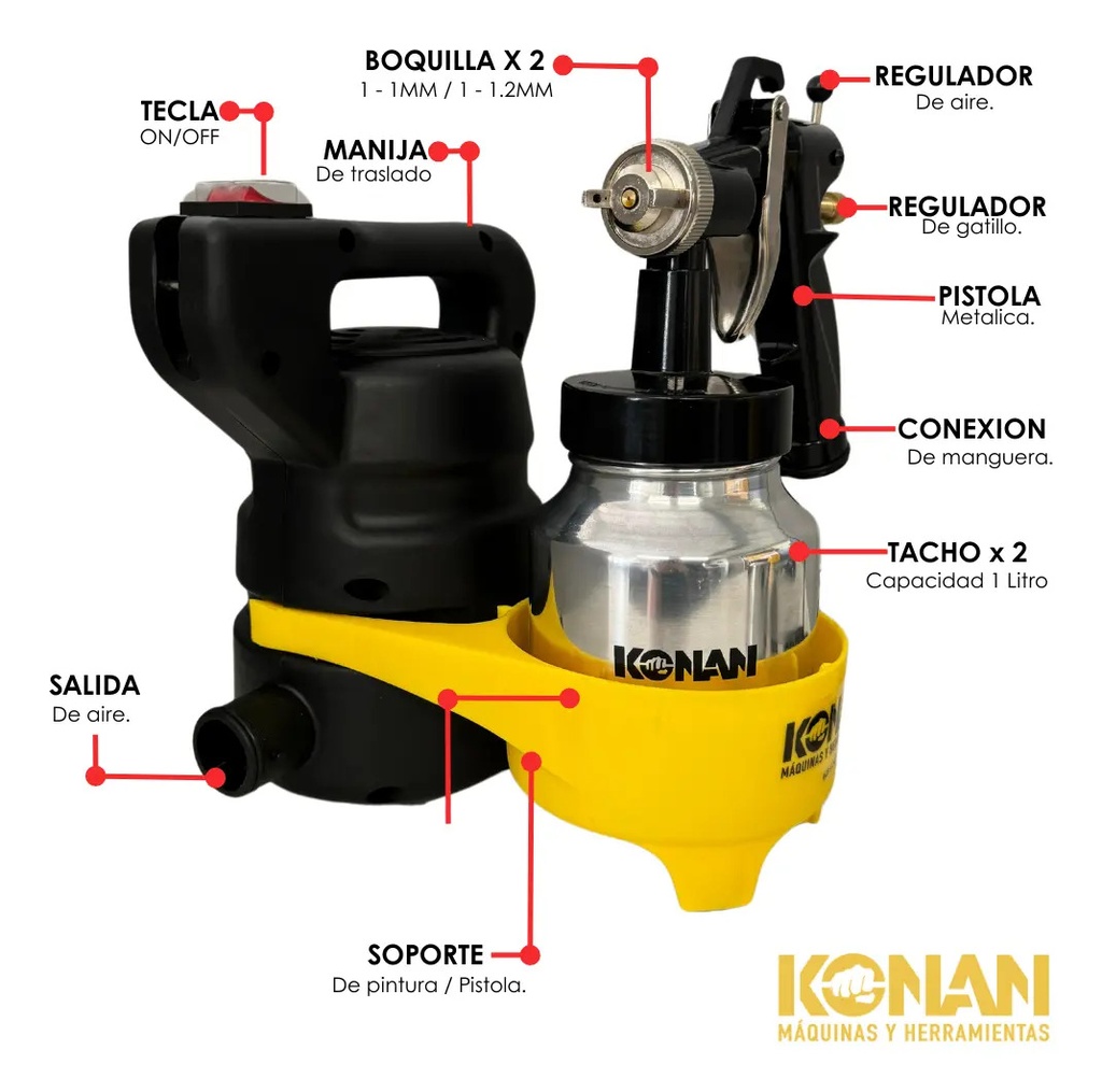 Máquina De Pintar Konan 800w Hvlp Turbina Directa Doble Tacho
