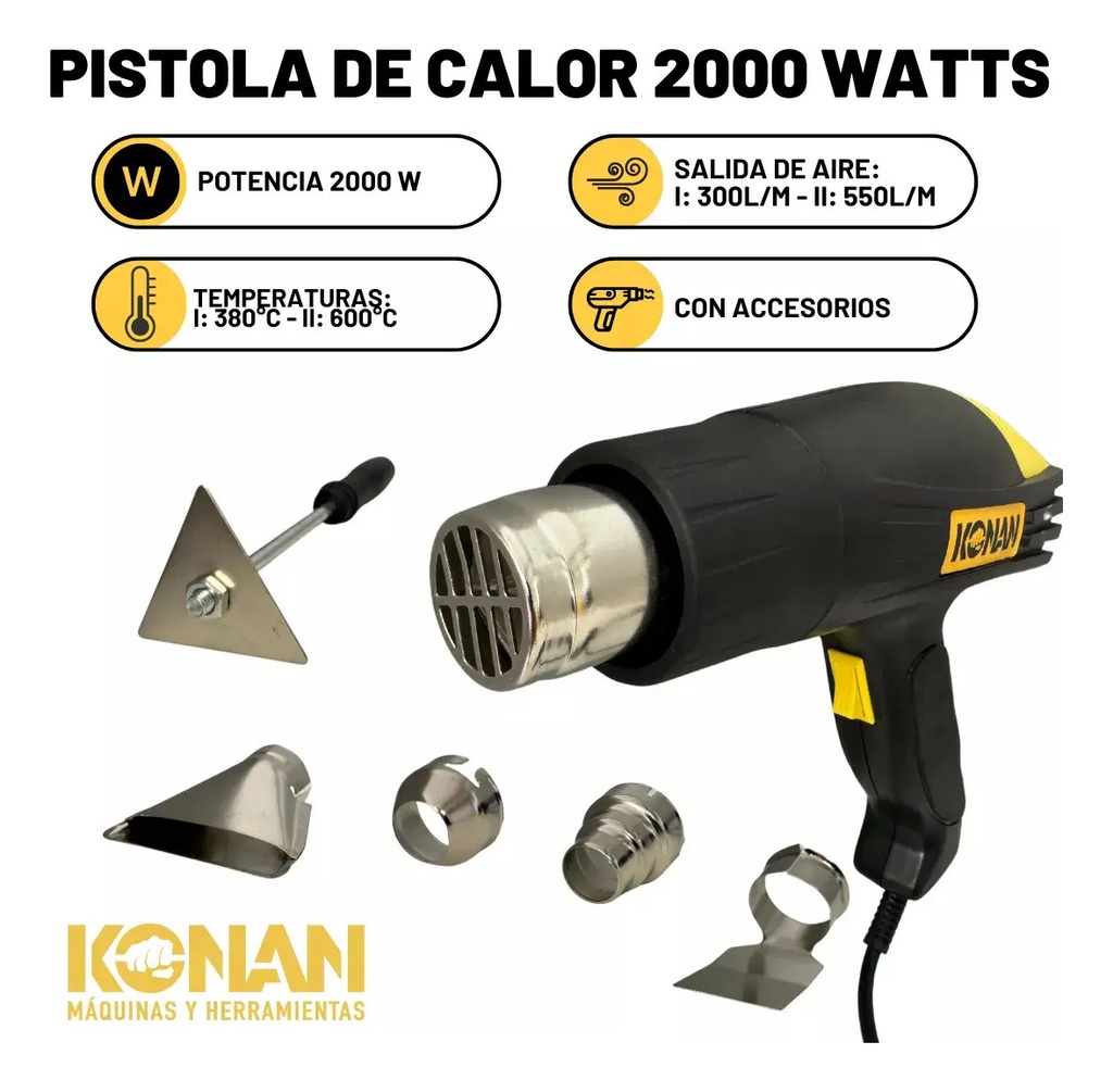 Pistola De Calor 2000w Konan + 5 Accesorios Temp 380°- 600° Negro