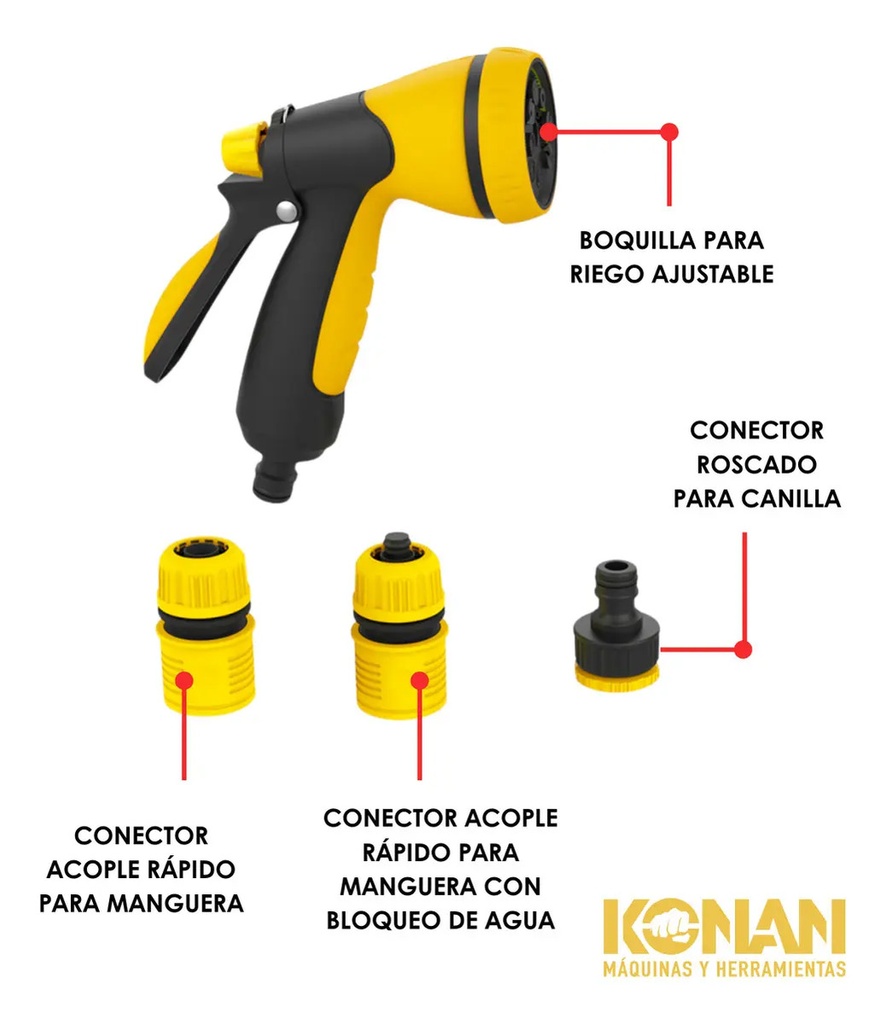 Pistola De Riego Con 3 Accesorios 1/2 Konan 8 Opciones