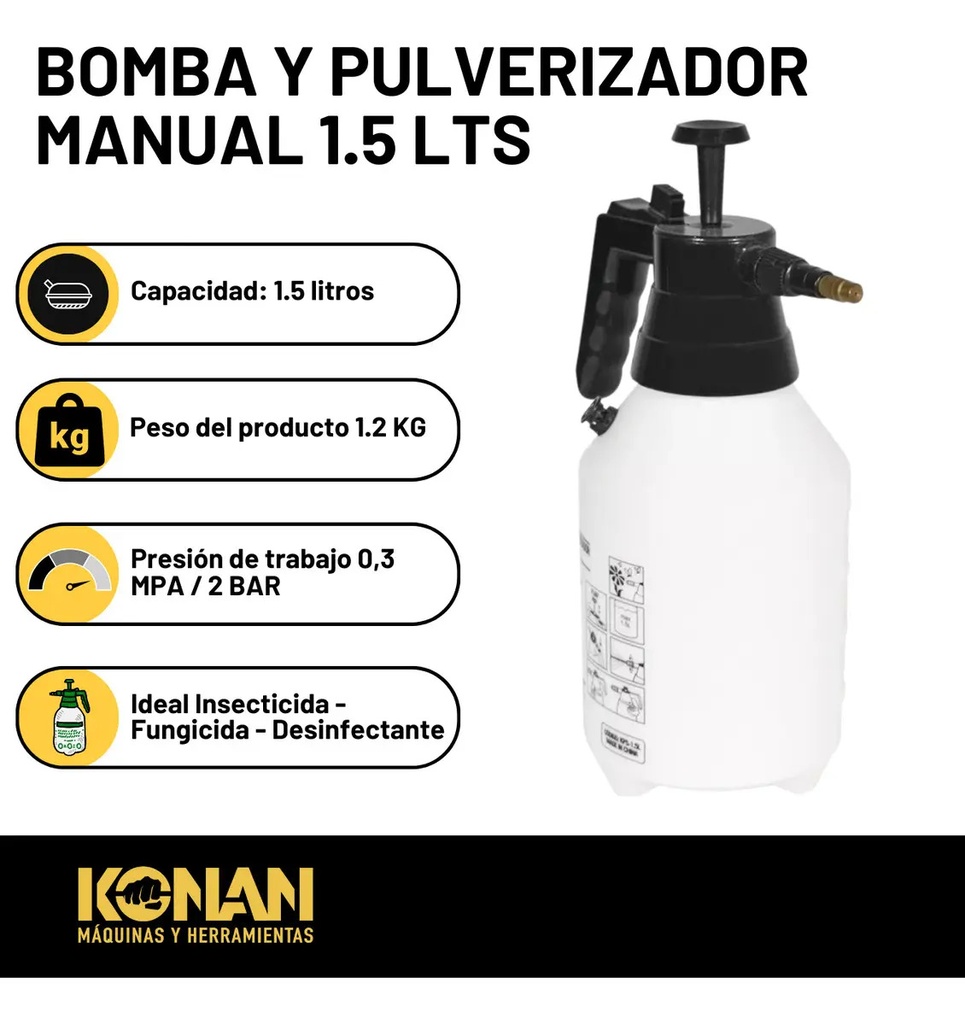 Pulverizador Manual Konan 1.5l Boquilla Ajustable Jardín Limpieza Blanco