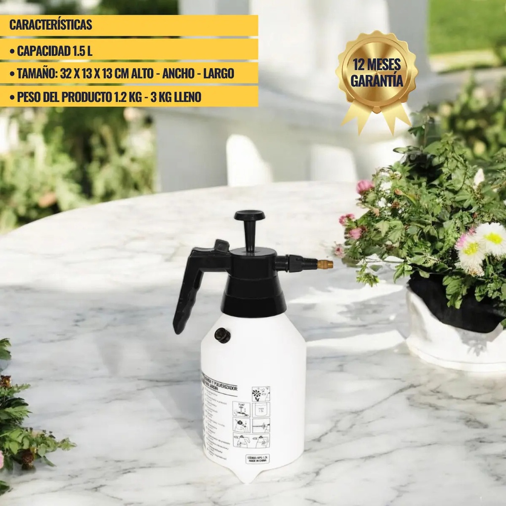 Pulverizador Manual Konan 1.5l Boquilla Ajustable Jardín Limpieza Blanco