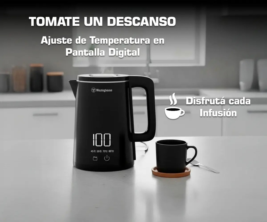 Pava Eléctrica Digital Control Temperatura 1.8l Tactil Westinghouse Wh-pe15006m Color Negro