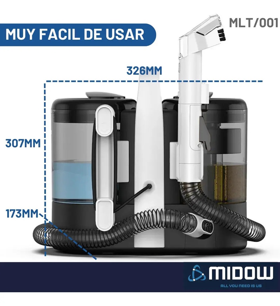 Aspiradora Lava Tapizados Midow 600w Alfombras Manchas Sofa Negro