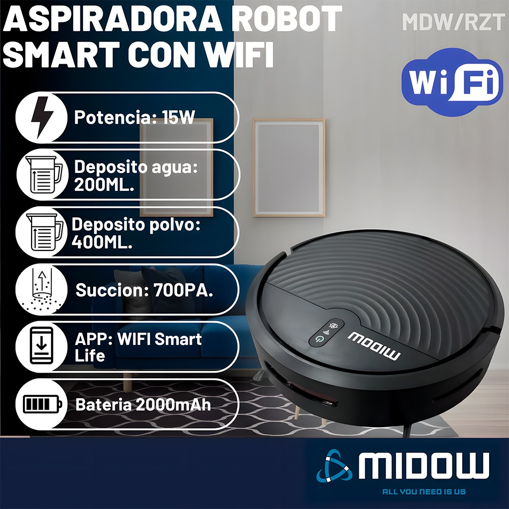 Aspiradora Robot Midow Wifi Smart Trapeador 3 Modos Limpieza Negro