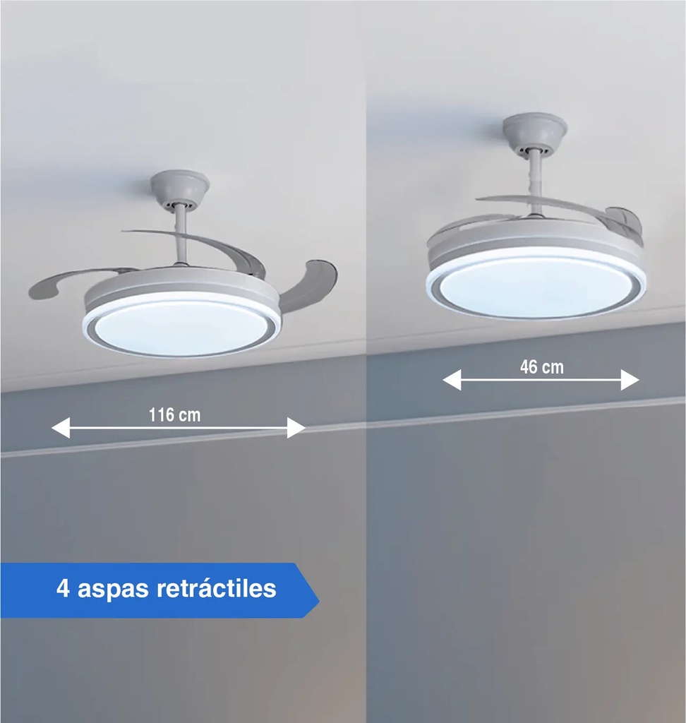 Ventilador De Techo Kanji Retráctil Blanco 4 Aspas 6 Velocid 1.15 M 50 Transparente Plástico