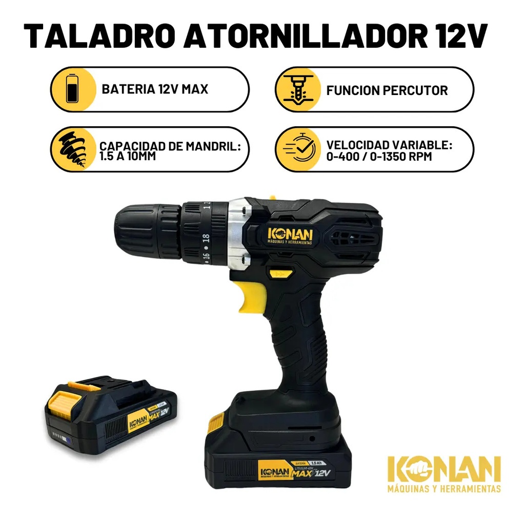 Taladro Atornillador 12v Konan 10mm 2 Baterias Percutor - Negro