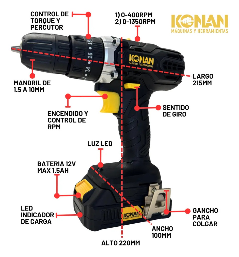 Taladro Atornillador 12v Konan 10mm 2 Baterias Percutor - Negro