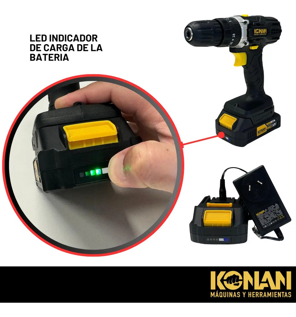 Taladro Atornillador 12v Konan 10mm 2 Baterias Percutor - Negro