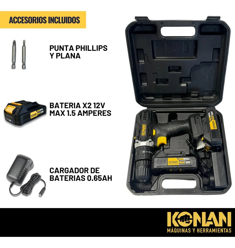 Taladro Atornillador 12v Konan 10mm 2 Baterias Percutor - Negro