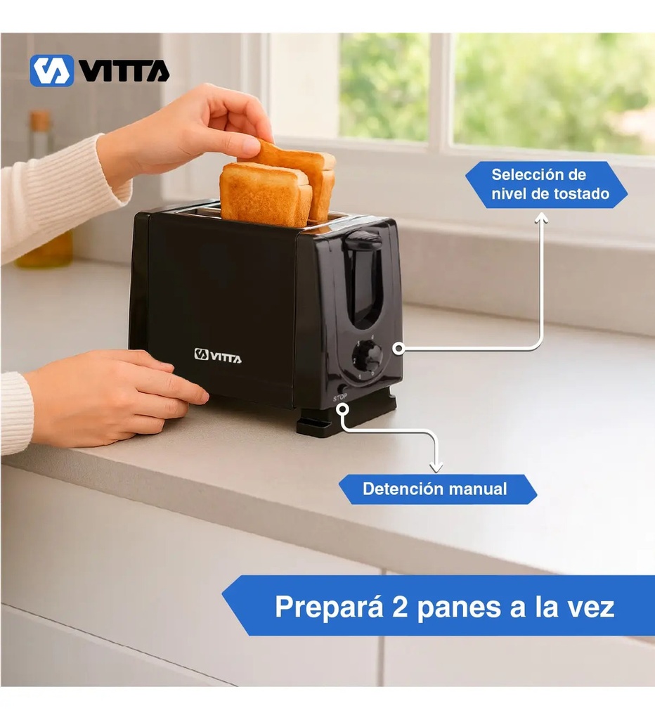 Tostadora Vitta 2 Panes 6 Niveles Full Negra Plateado