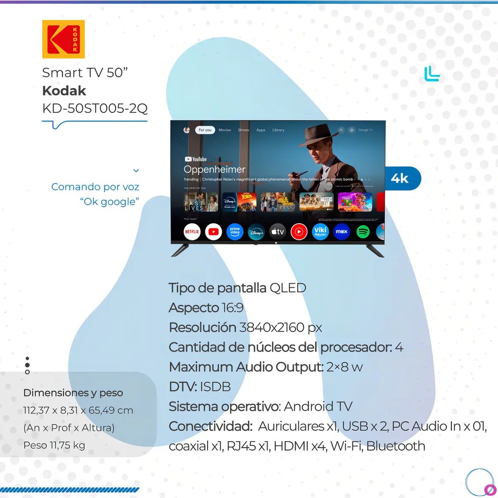 Smart Tv Kodak 50 Pulgadas Qled Colores Más Brillantes Y Negros Más Intensos 4k Uhd Google Tv Kd-50st005-2q