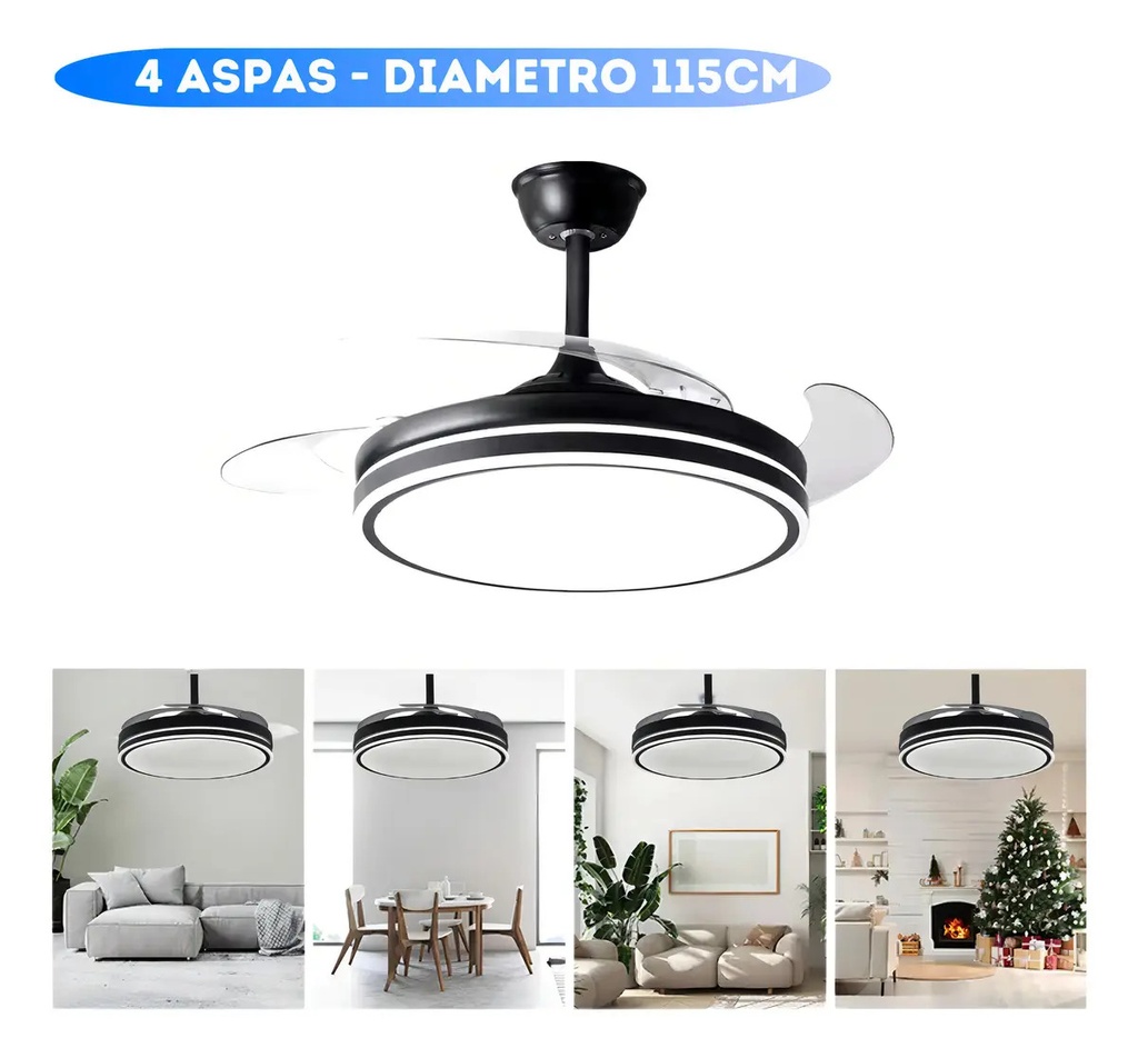 Ventilador De Techo Kanji Retráctil Negro 4 Aspas 6 Velocidades Luz Calida Natural Fria 1.15 M 50 Transparente Plástico