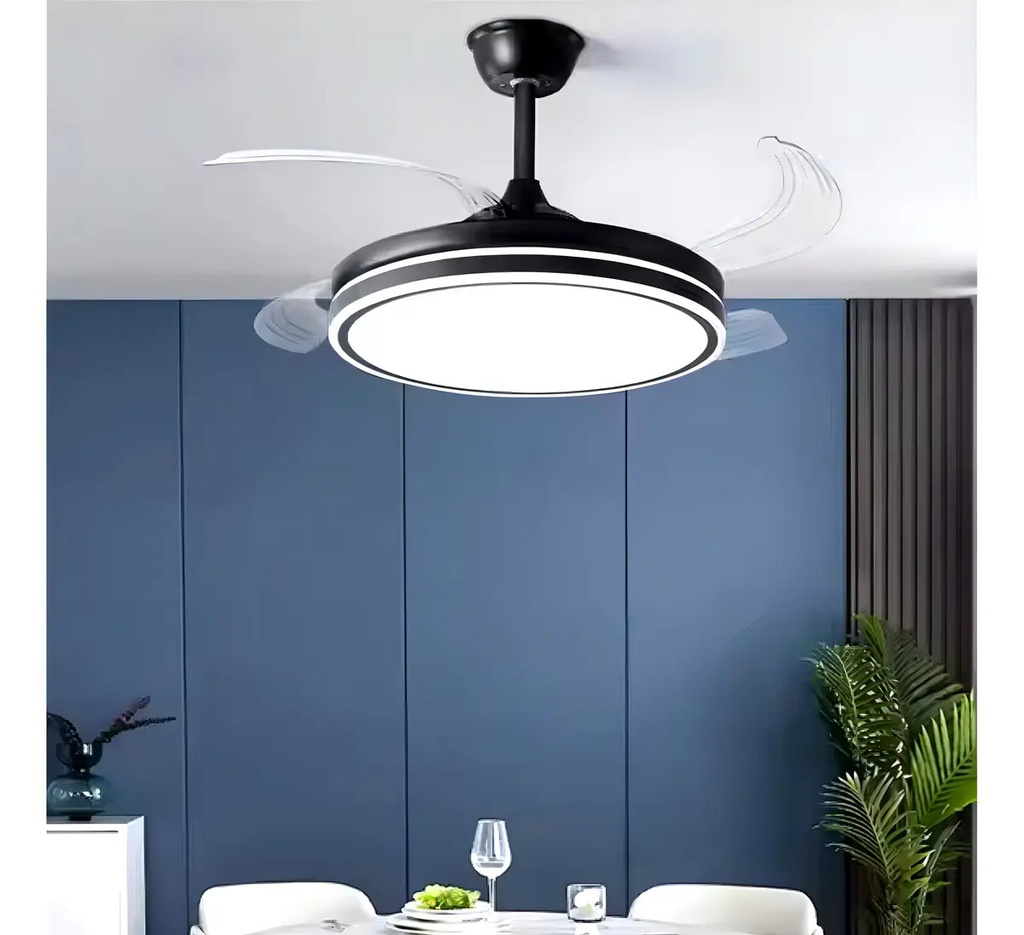 Ventilador De Techo Kanji Retráctil Negro 4 Aspas 6 Velocidades Luz Calida Natural Fria 1.15 M 50 Transparente Plástico