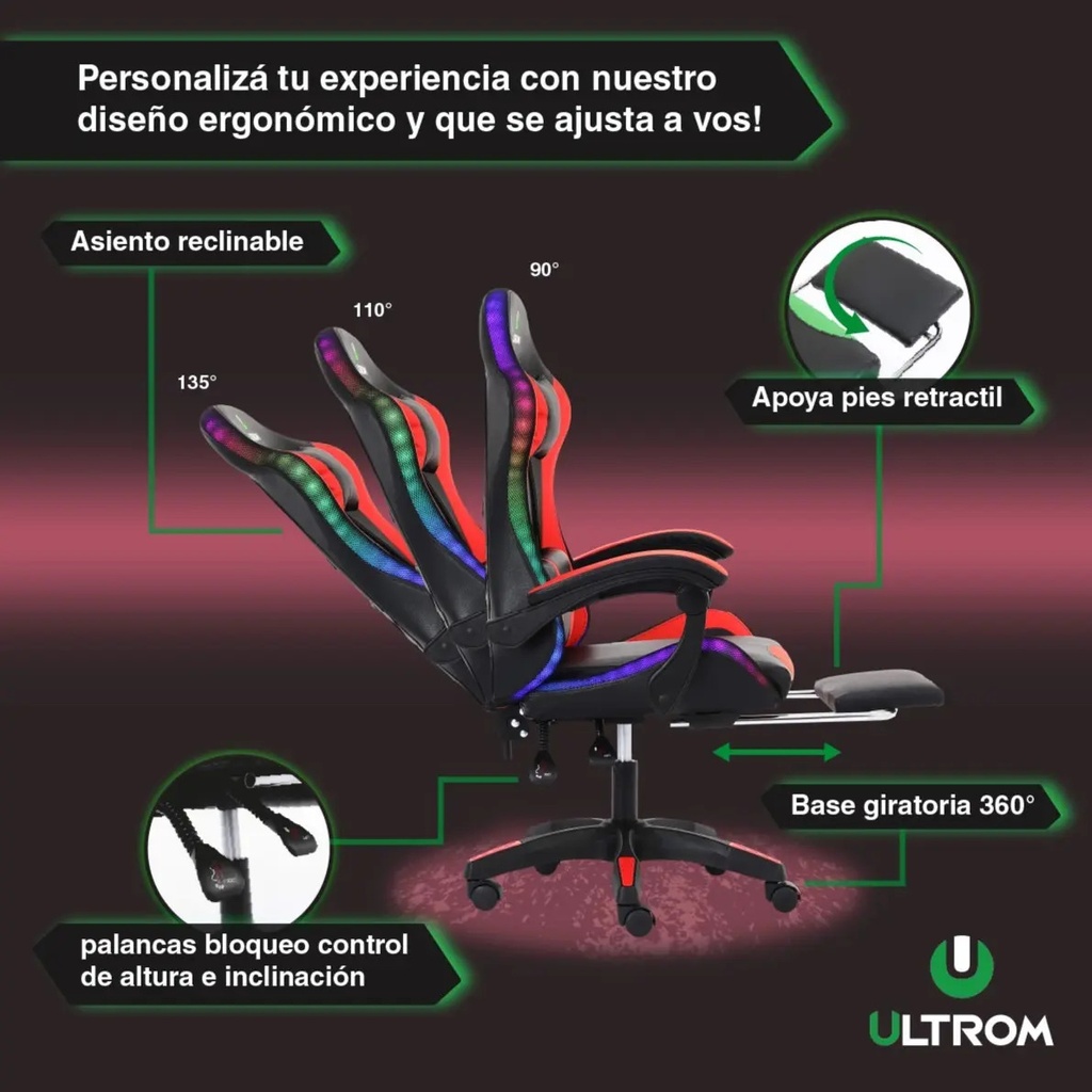 Silla Gamer Luz Rgb Ultrom Respaldo Reclinable Ergonomica