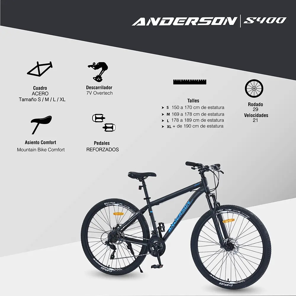 Bicicleta Mtb Anderson S400 R29, 21v Freno A Disco, Con Suspensión, Color Negro/blanco Tamaño Del Cuadro S