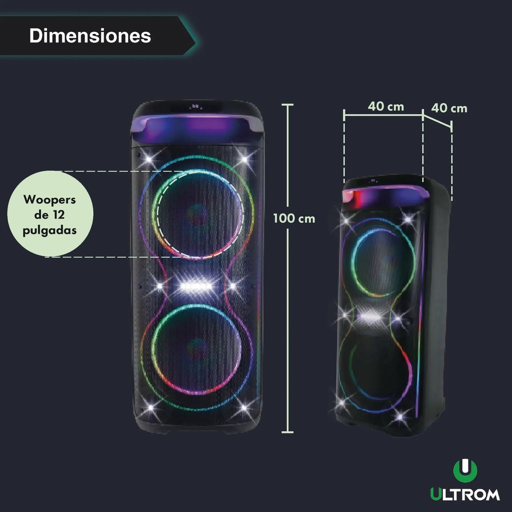 Torre De Sonido Parlante Ultrom Tulum 15000w Luces Led 2x12 Negro