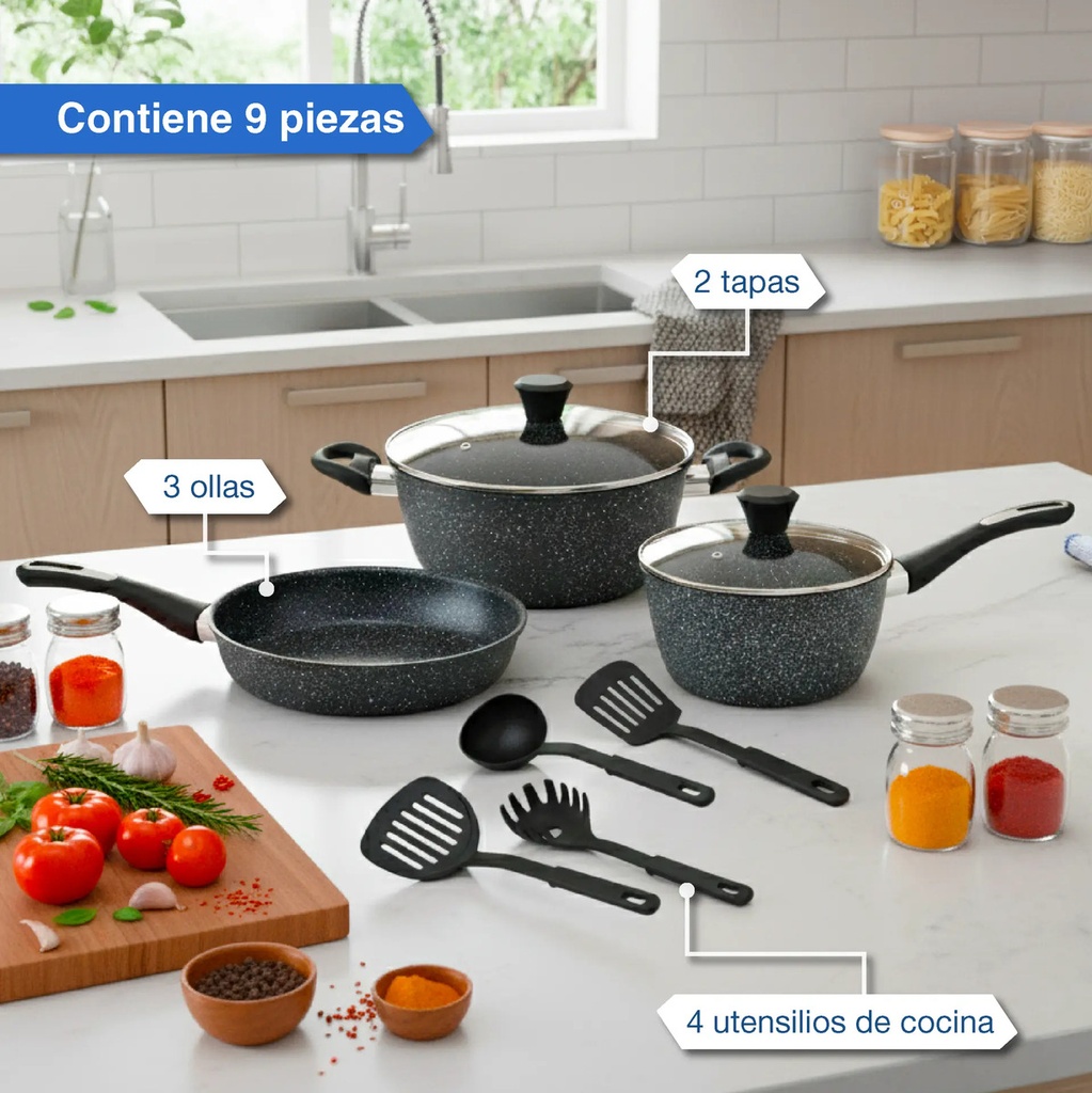 Baterias De Cocina Kanji Gourmet 9 Piezas Antiadherente Mármol Negro