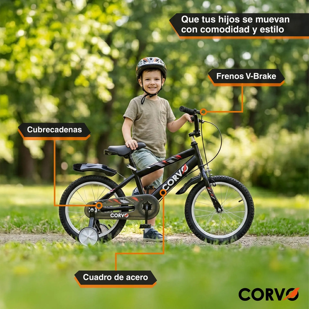 Bicicleta Infantil Corvo Rodado 16 Rueditas Acero Negro 16  