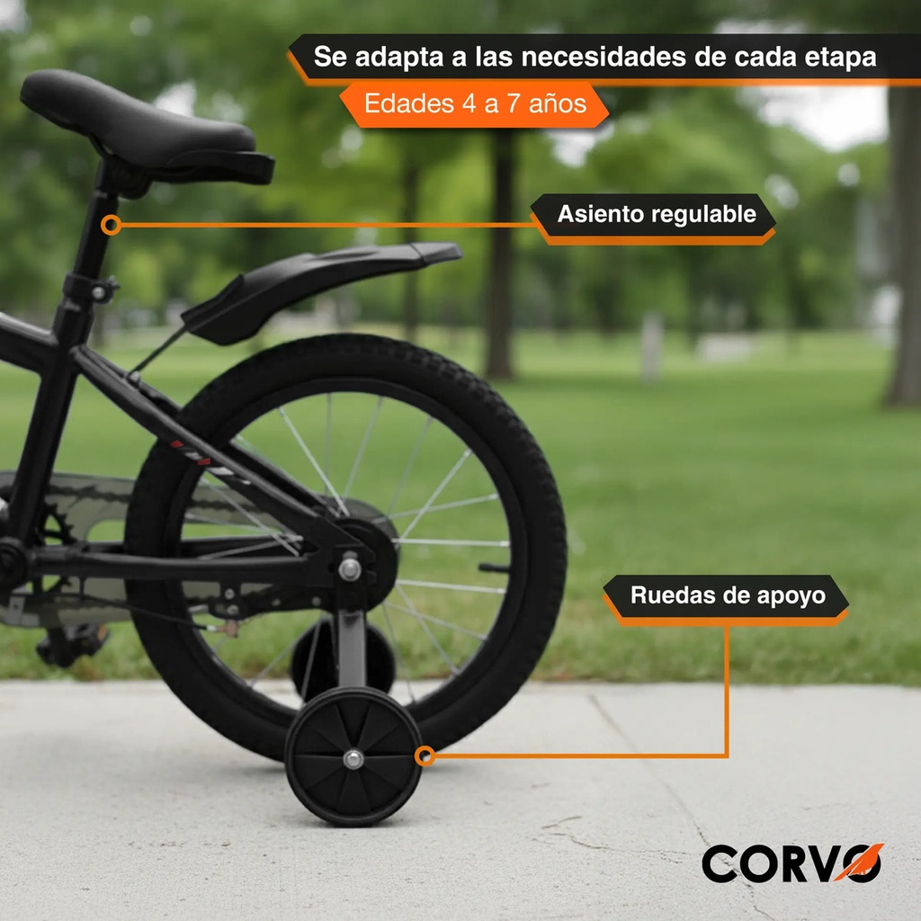 Bicicleta Infantil Corvo Rodado 16 Rueditas Acero Negro 16  