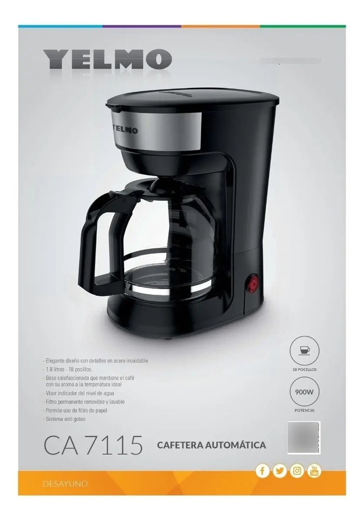 Cafetera Automática Yelmo Ca-7115 900w 1.8 Litros Anti Goteo Negro
