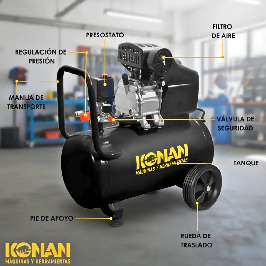 Compresor De Aire Con Kit Konan 40 Lts 2hp 8 Bar 135 L/min Doble Salida Manometro Monofasico Negro 50 Hz Monofásica